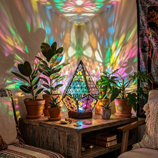 LumiAura Bohemian Stained Glass Style LED Table Lamp with Wood Base