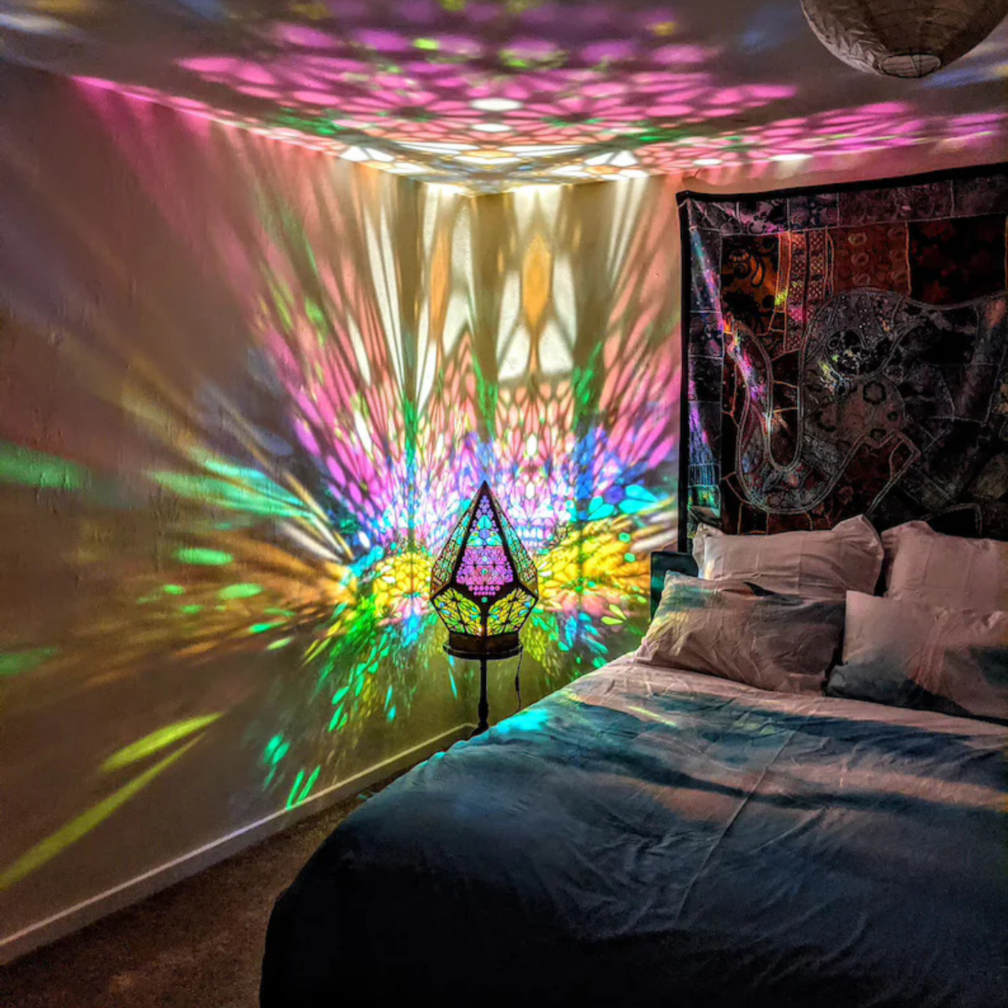 LumiAura Bohemian Stained Glass Style LED Table Lamp with Wood Base
