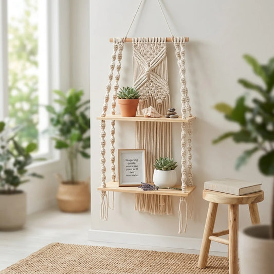 Boho Macrame 2-Tier Hanging Wall Shelf - Natural Wood and Cotton Rope Storage Rack
