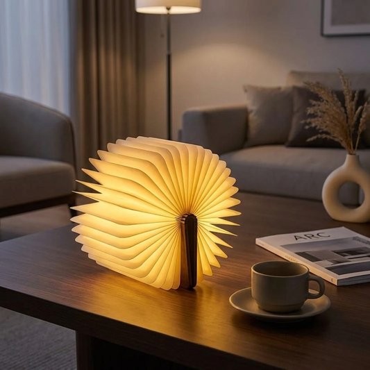 Foldable Book Table Lamp - 360-Degree Rechargeable LED Light - Wood