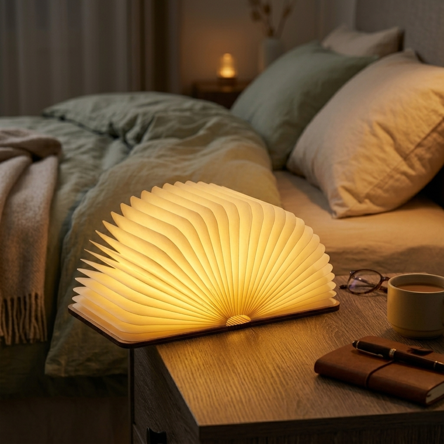 Foldable Book Table Lamp - 360-Degree Rechargeable LED Light - Wood