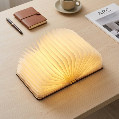Foldable Book Table Lamp - 360-Degree Rechargeable LED Light - Wood