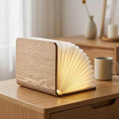Foldable Book Table Lamp - 360-Degree Rechargeable LED Light - Wood