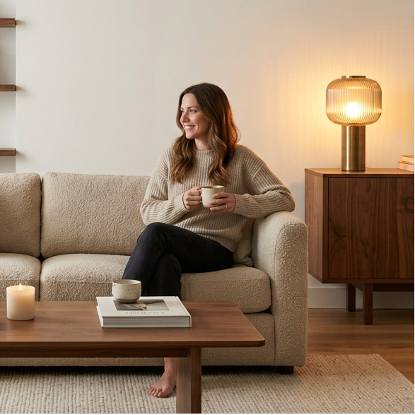Woman sitting on a couch in a cozy living room with shelves and decor.