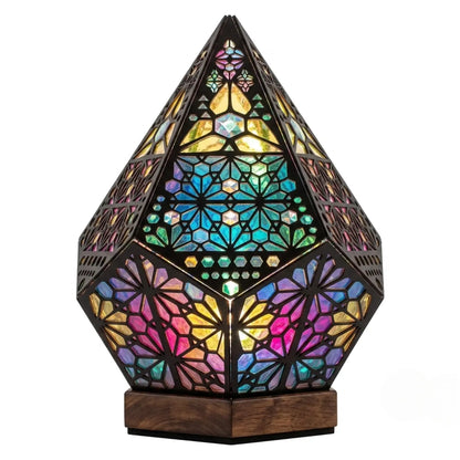LumiAura Bohemian Stained Glass Style LED Table Lamp with Wood Base