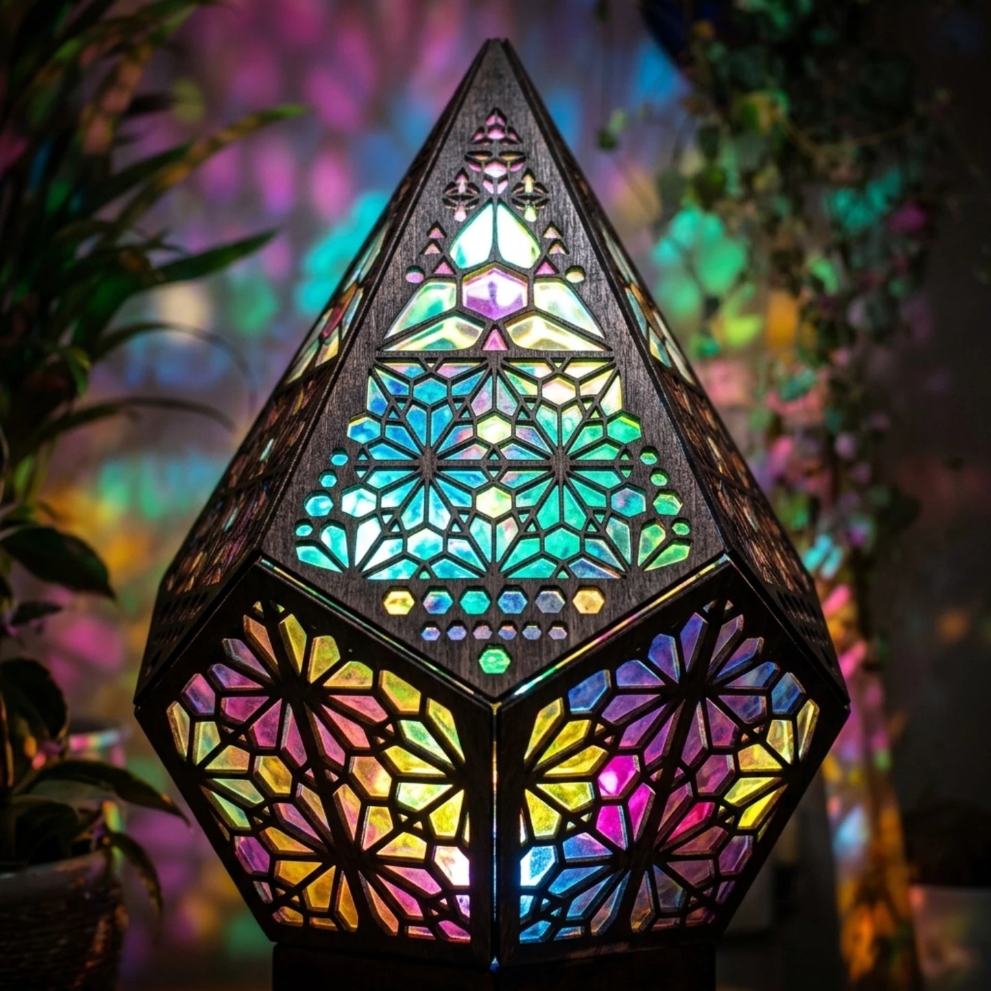LumiAura Bohemian Stained Glass Style LED Table Lamp with Wood Base