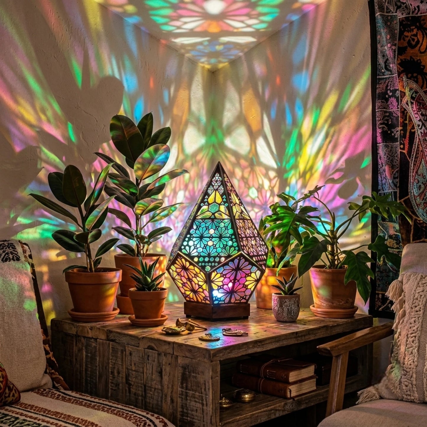 LumiAura Bohemian Stained Glass Style LED Table Lamp with Wood Base