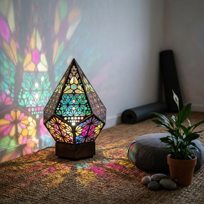 LumiAura Bohemian Stained Glass Style LED Table Lamp with Wood Base