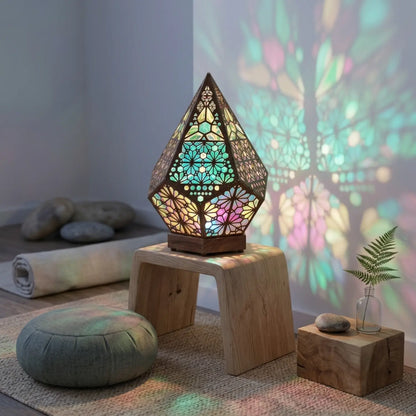 LumiAura Bohemian Stained Glass Style LED Table Lamp with Wood Base