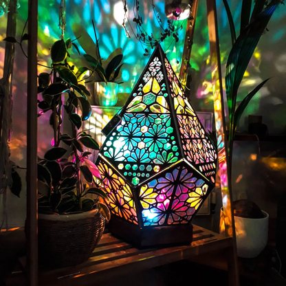 LumiAura Bohemian Stained Glass Style LED Table Lamp with Wood Base