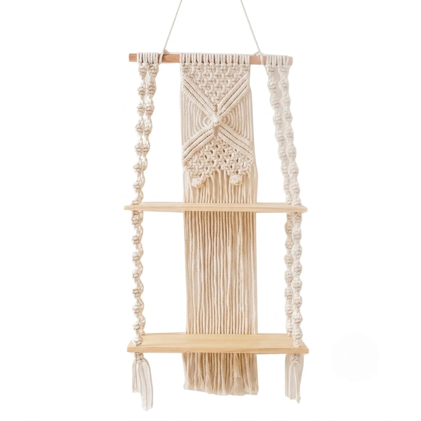 Boho Macrame 2-Tier Hanging Wall Shelf - Natural Wood and Cotton Rope Storage Rack