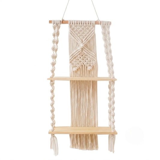 Boho Macrame 2-Tier Hanging Wall Shelf - Natural Wood and Cotton Rope Storage Rack