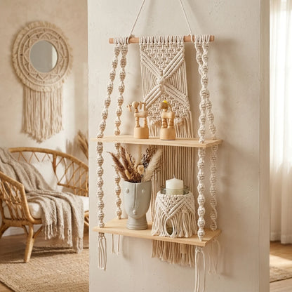Boho Macrame 2-Tier Hanging Wall Shelf - Natural Wood and Cotton Rope Storage Rack