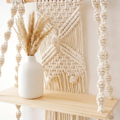 Boho Macrame 2-Tier Hanging Wall Shelf - Natural Wood and Cotton Rope Storage Rack