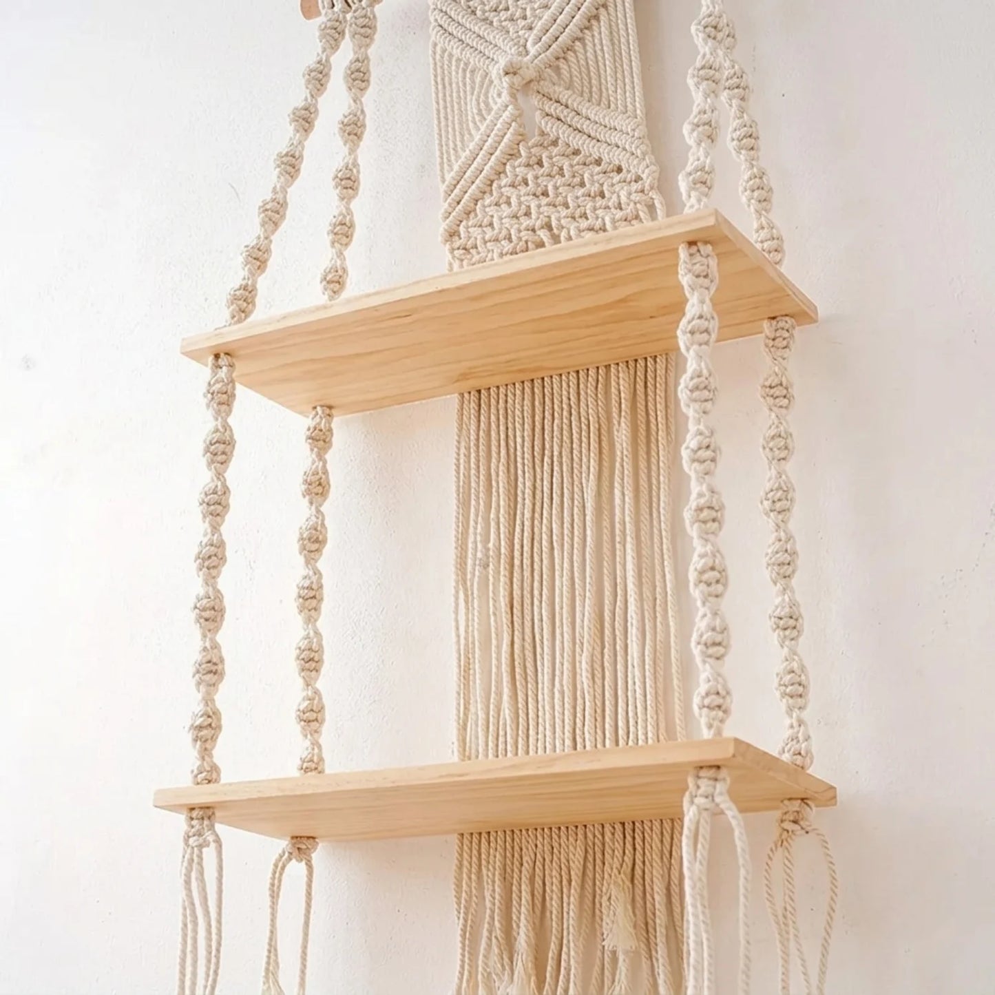 Boho Macrame 2-Tier Hanging Wall Shelf - Natural Wood and Cotton Rope Storage Rack