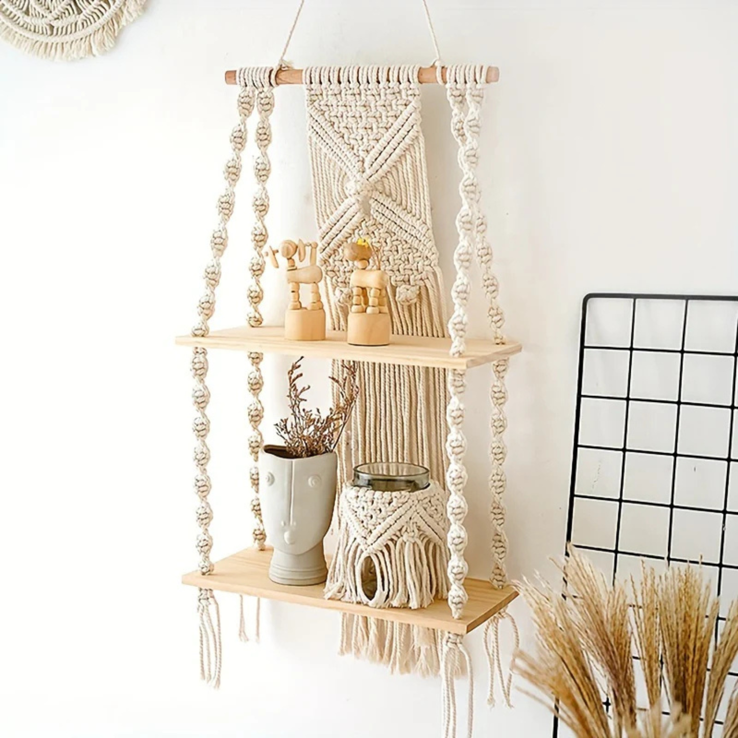 Boho Macrame 2-Tier Hanging Wall Shelf - Natural Wood and Cotton Rope Storage Rack