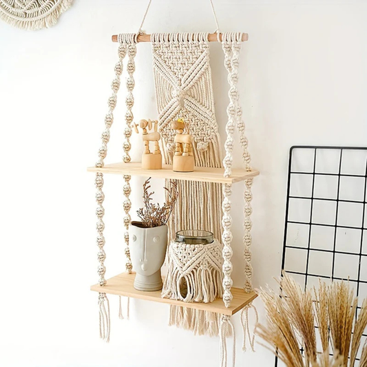 Boho Macrame 2-Tier Hanging Wall Shelf - Natural Wood and Cotton Rope Storage Rack