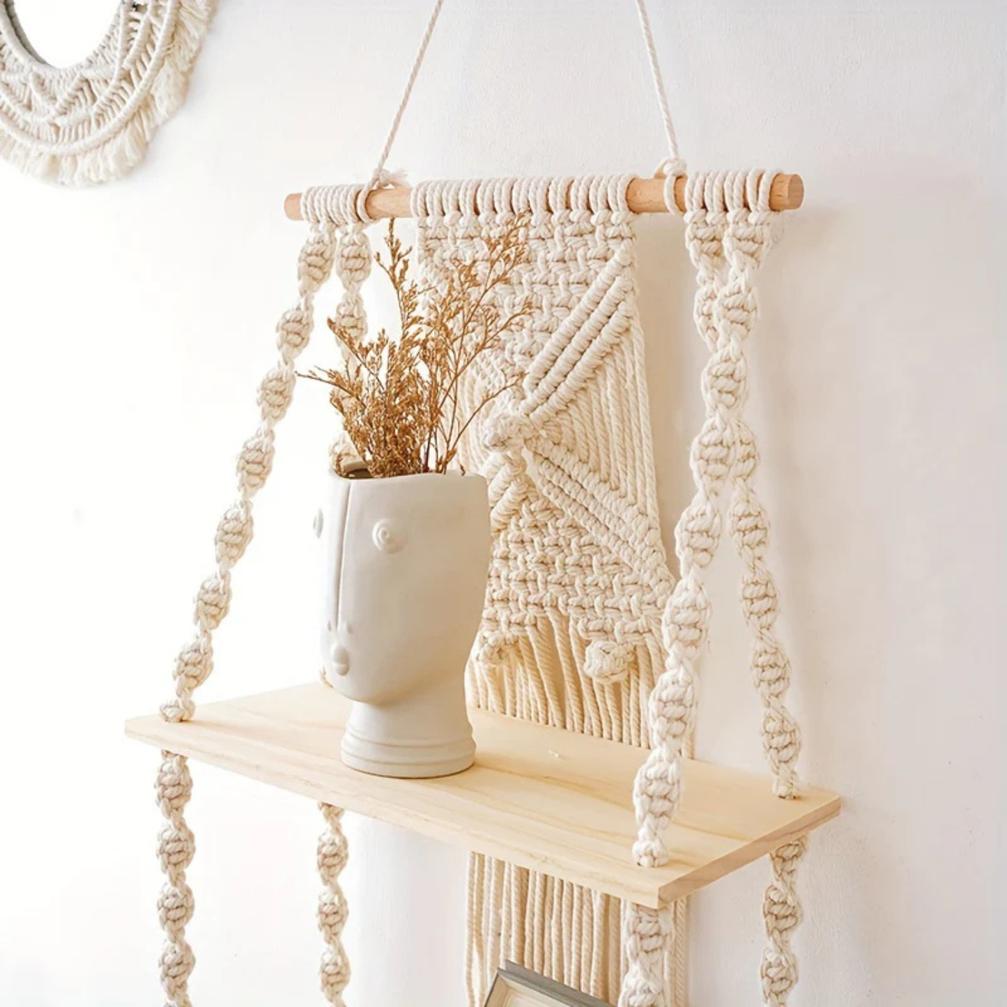 Boho Macrame 2-Tier Hanging Wall Shelf - Natural Wood and Cotton Rope Storage Rack