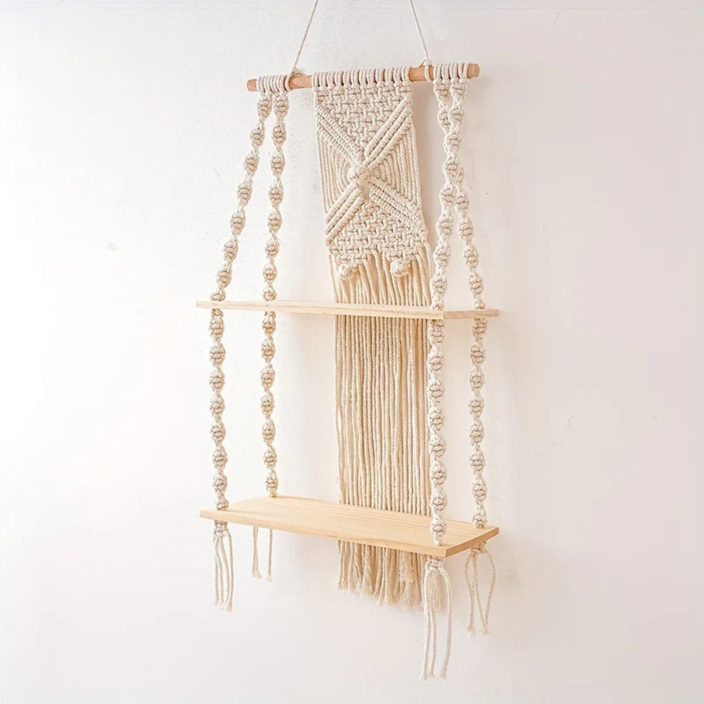 Boho Macrame 2-Tier Hanging Wall Shelf - Natural Wood and Cotton Rope Storage Rack