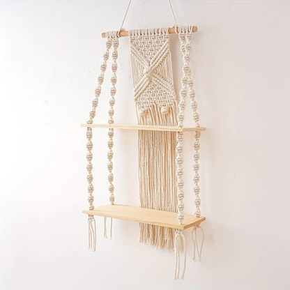 Boho Macrame 2-Tier Hanging Wall Shelf - Natural Wood and Cotton Rope Storage Rack