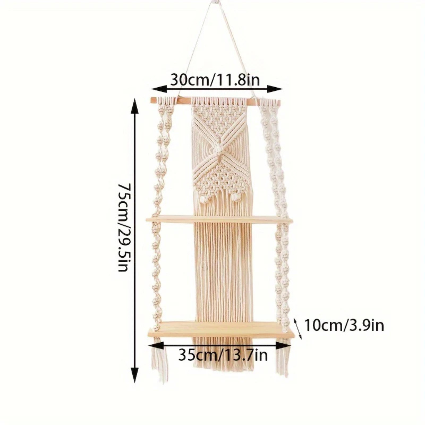 Boho Macrame 2-Tier Hanging Wall Shelf - Natural Wood and Cotton Rope Storage Rack
