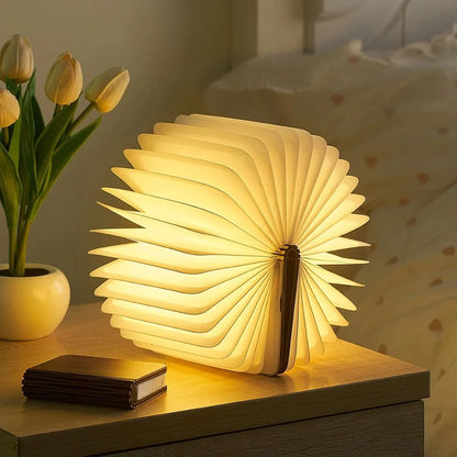 Foldable Book Table Lamp - 360-Degree Rechargeable LED Light - Wood