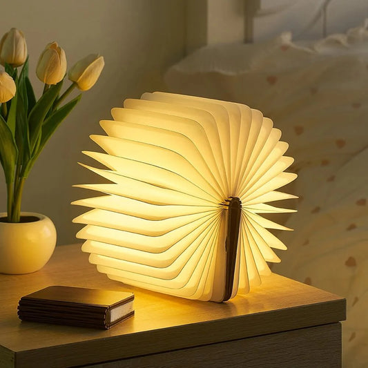 Foldable Book Table Lamp - 360-Degree Rechargeable LED Light - Wood