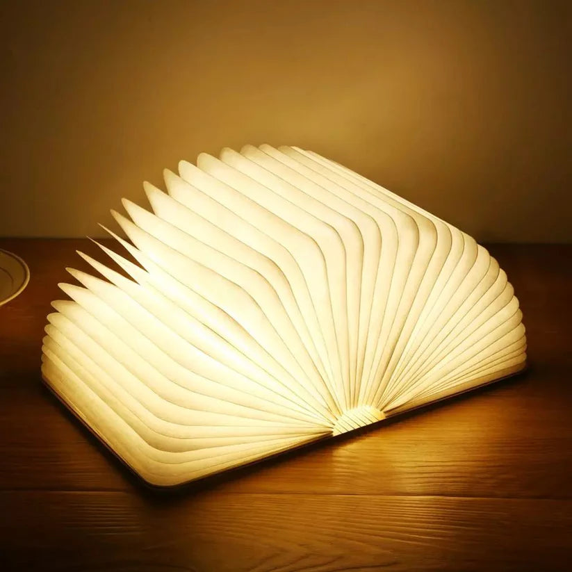 Foldable Book Table Lamp - 360-Degree Rechargeable LED Light - Wood