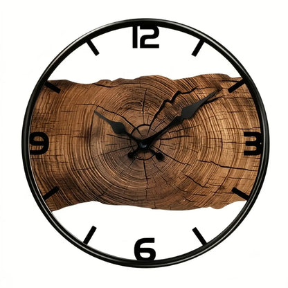 Rustic Log Pattern Round Wall Clock - Natural Wood Silent Quartz Timepiece (12-Inch)