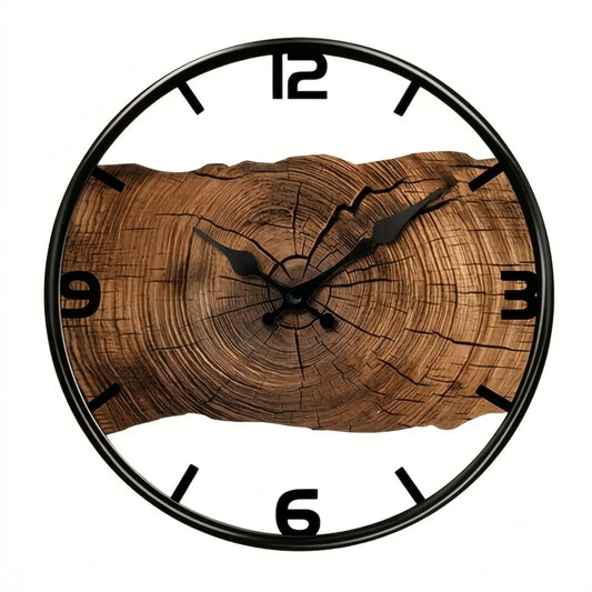Rustic Log Pattern Round Wall Clock - Natural Wood Silent Quartz Timepiece (12-Inch)