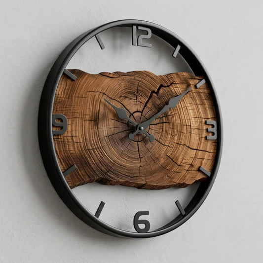 Rustic Log Pattern Round Wall Clock - Natural Wood Silent Quartz Timepiece (12-Inch)