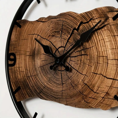 Rustic Log Pattern Round Wall Clock - Natural Wood Silent Quartz Timepiece (12-Inch)