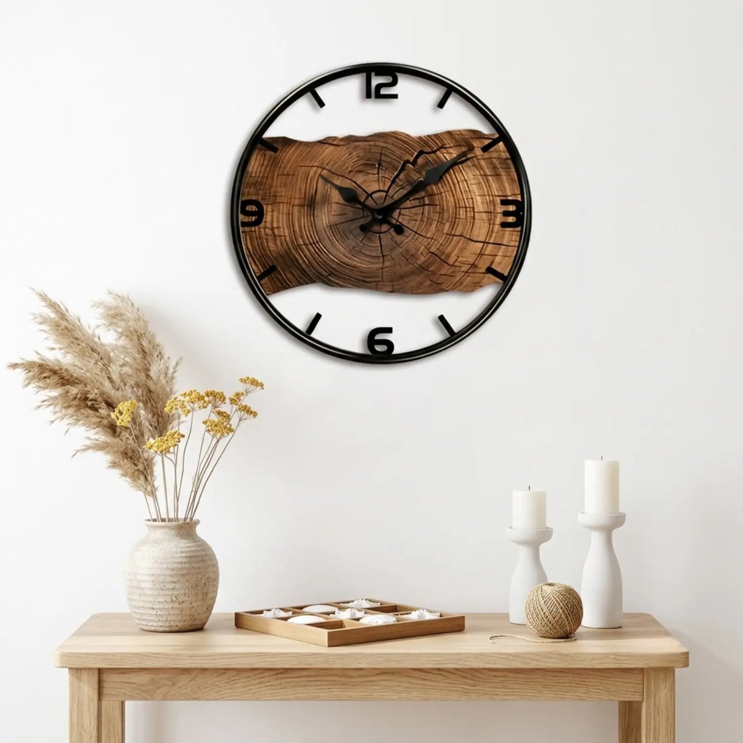 Rustic Log Pattern Round Wall Clock - Natural Wood Silent Quartz Timepiece (12-Inch)