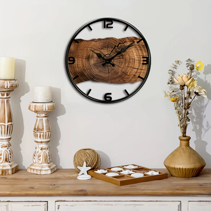 Rustic Log Pattern Round Wall Clock - Natural Wood Silent Quartz Timepiece (12-Inch)