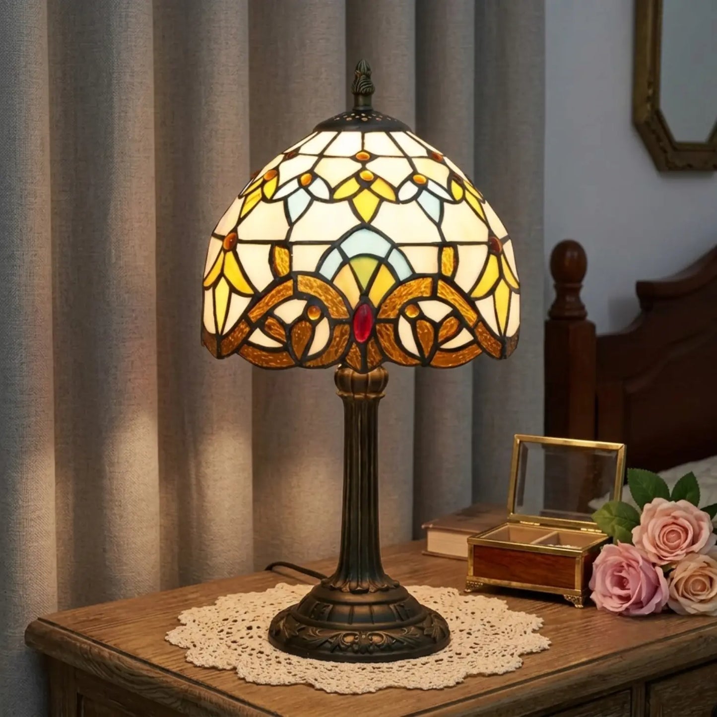 VerreMystique Tiffany Table Lamp - Stained Glass & Polyresin - Multicolor LED Accent Light